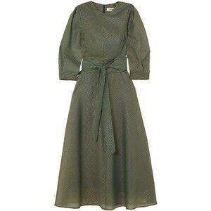 CEFINN Green & Metallic Gold Striped Belted Dress, Size 10